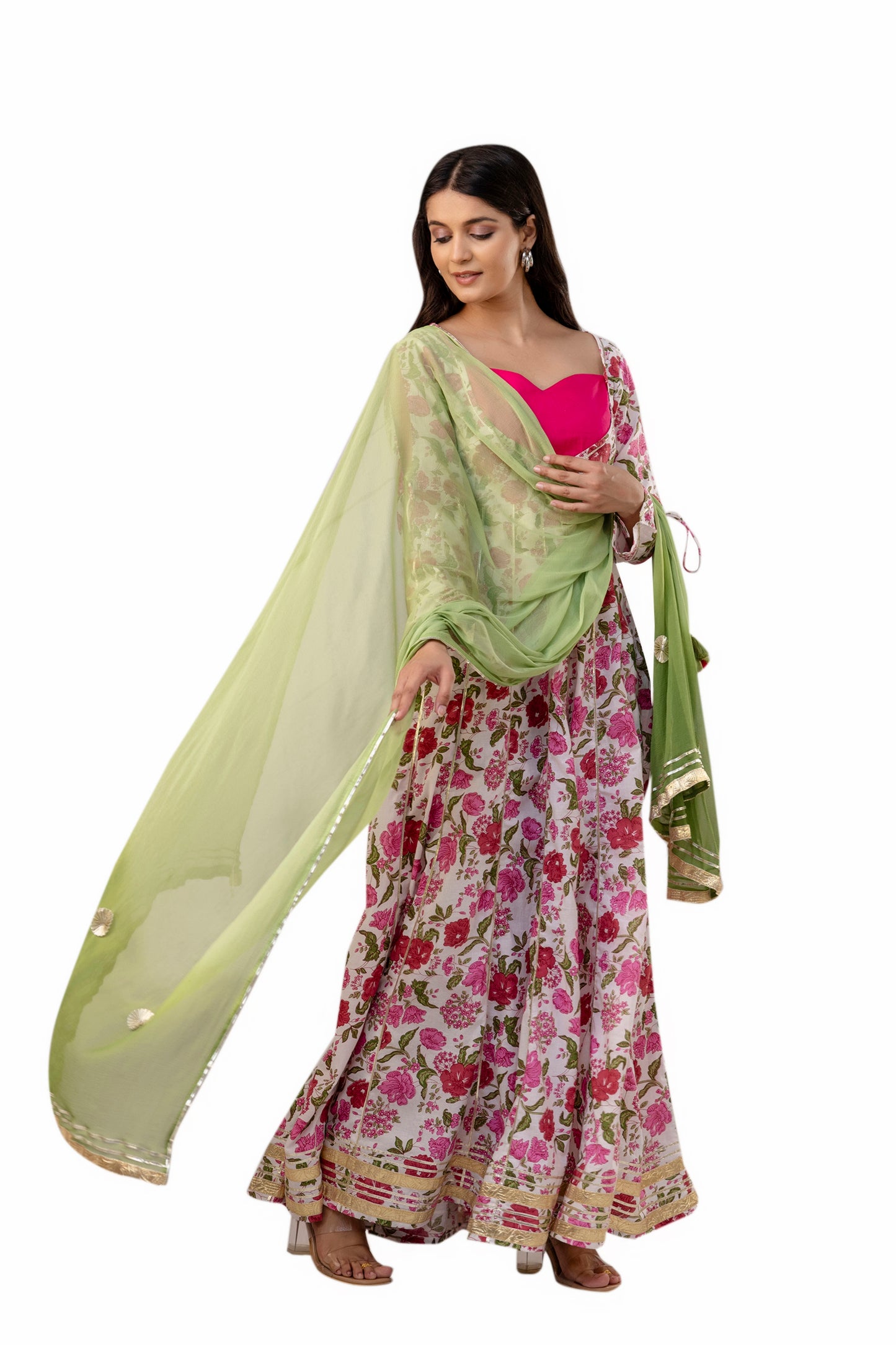 Pretty Pink Floral Print Cotton Kurta Set With Dupatta