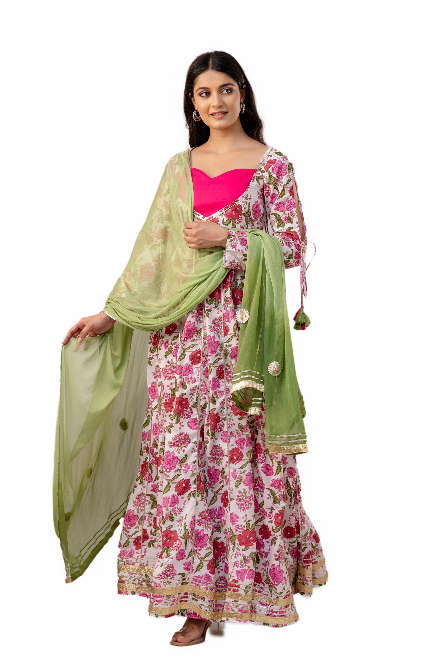Pretty Pink Floral Print Cotton Kurta Set With Dupatta