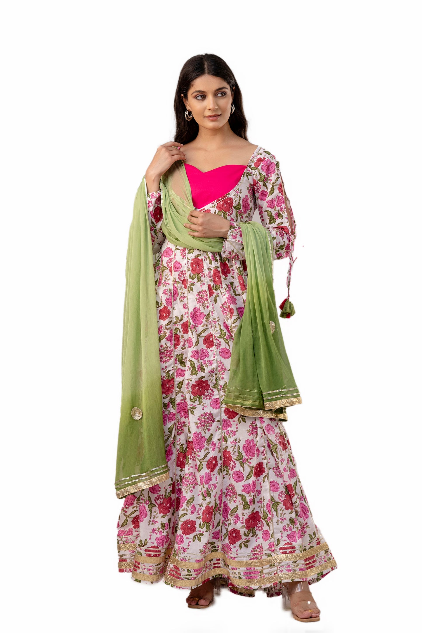 Pretty Pink Floral Print Cotton Kurta Set With Dupatta