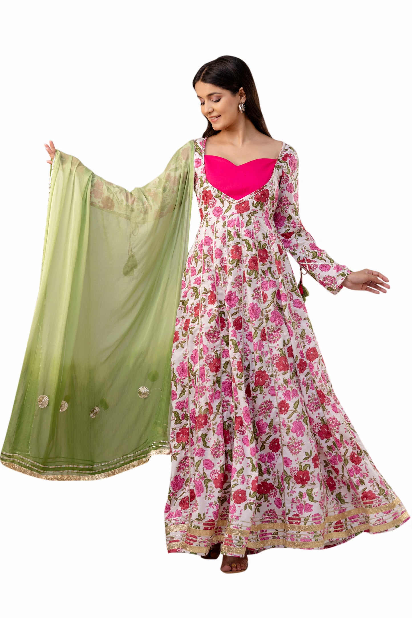 Pretty Pink Floral Print Cotton Kurta Set With Dupatta