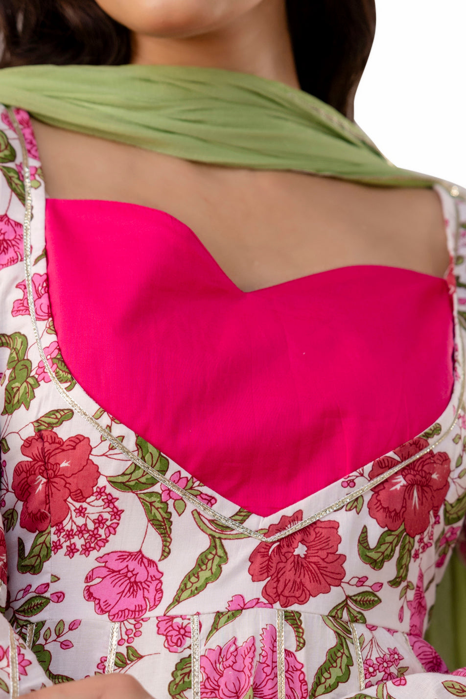 Pretty Pink Floral Print Cotton Kurta Set With Dupatta