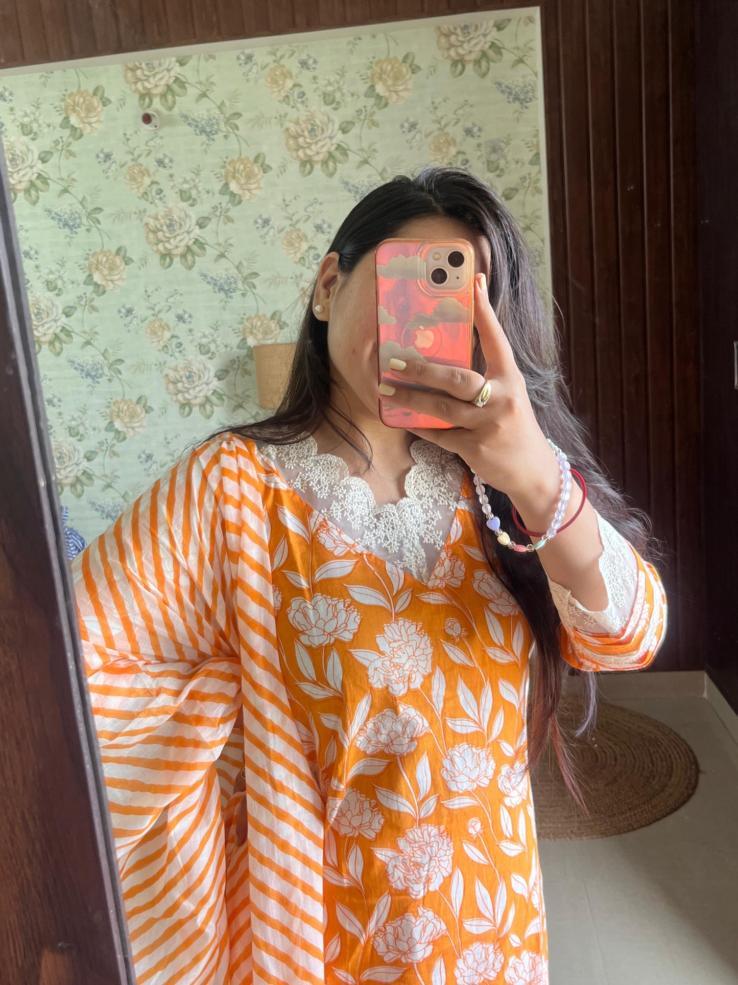Tangerine Orange Cotton Kurta Set With Mulmul Dupatta