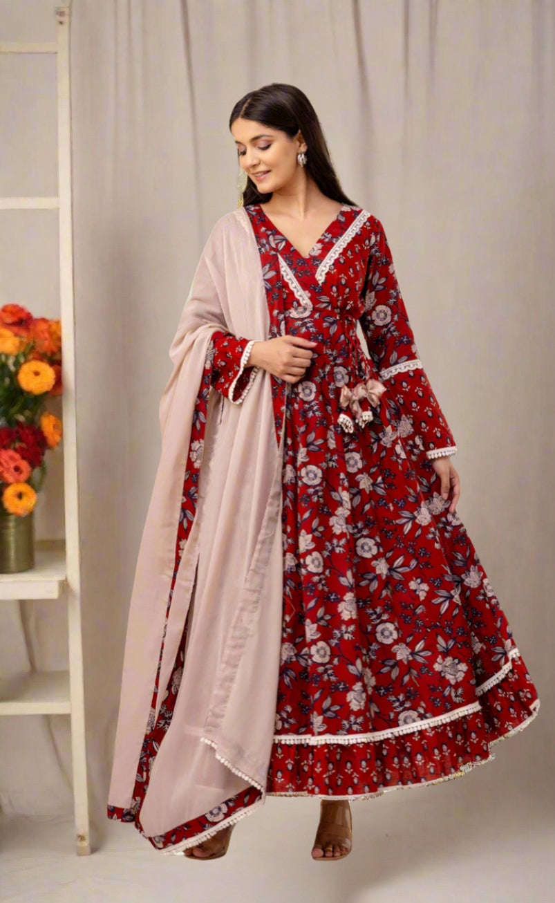 Brick Red Cotton Anarkali Suit Set With Mulmul Dupatta