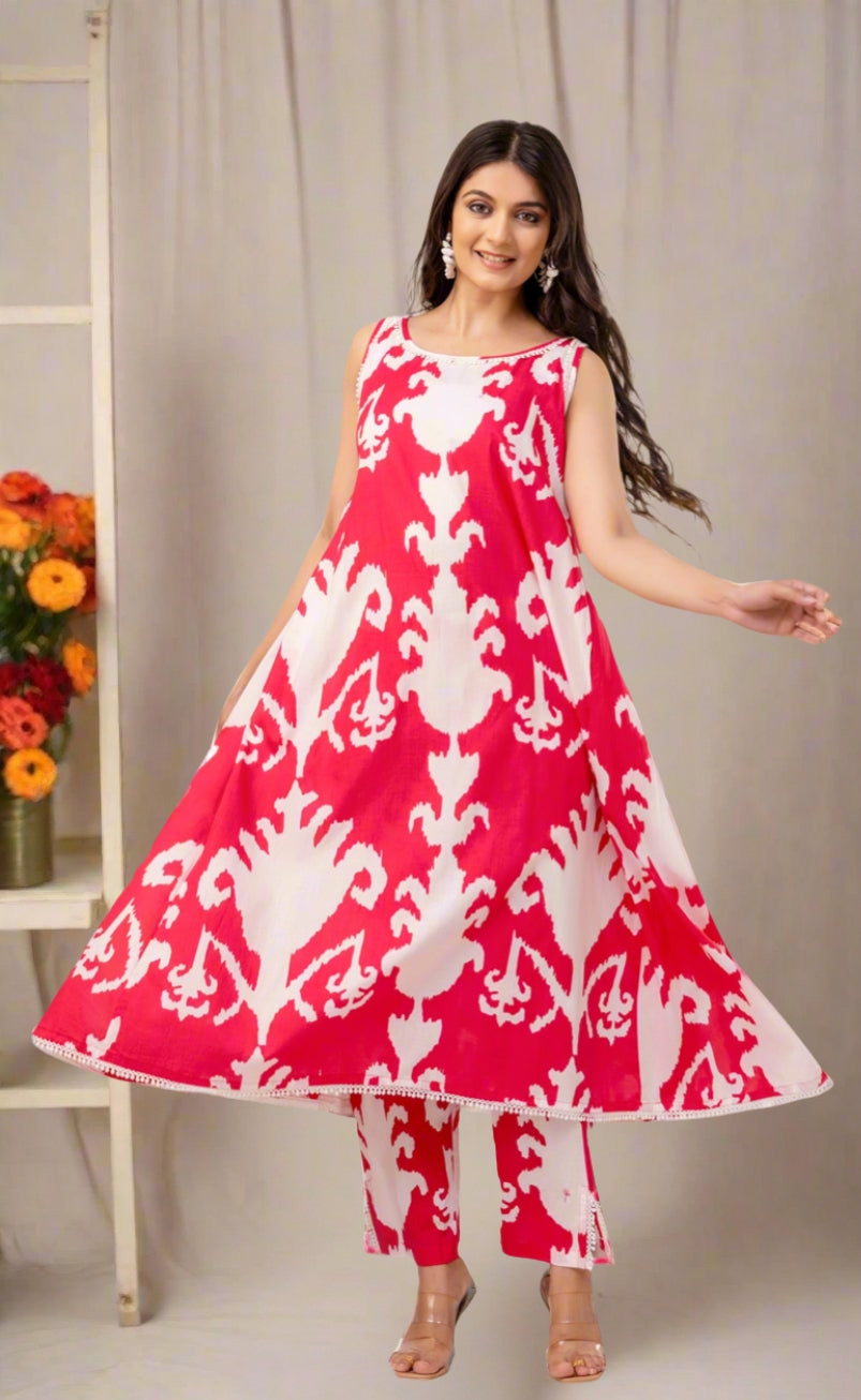 Hot Pink Cotton Laced Kurta Set