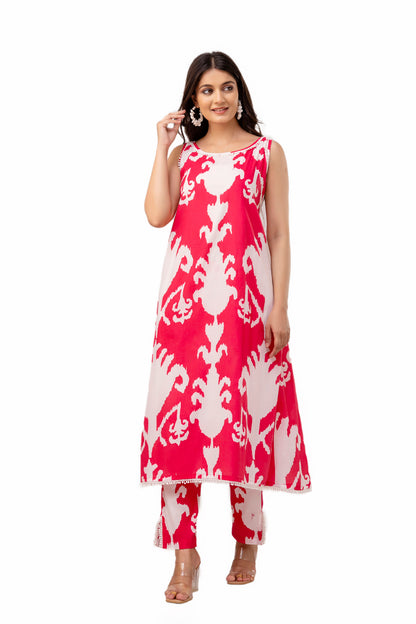 Hot Pink Cotton Laced Kurta Set