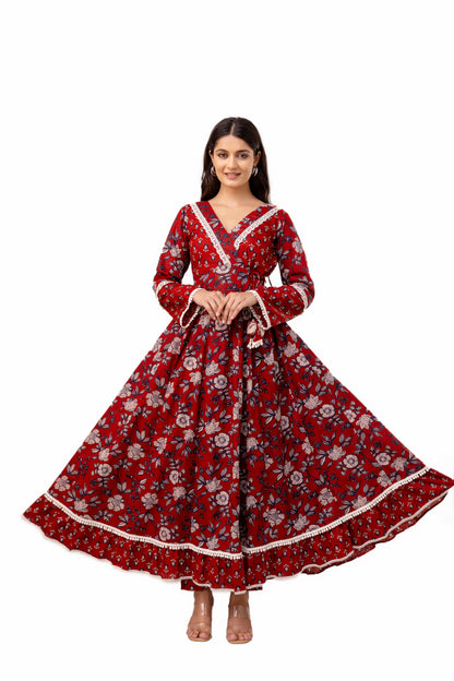 Brick Red Cotton Anarkali Suit Set With Mulmul Dupatta