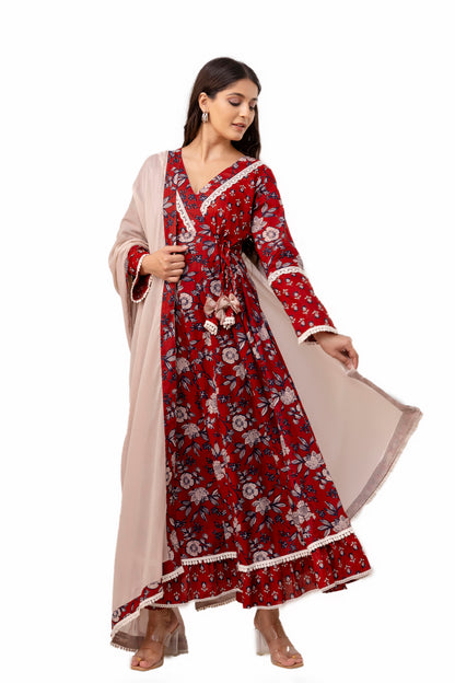 Brick Red Cotton Anarkali Suit Set With Mulmul Dupatta
