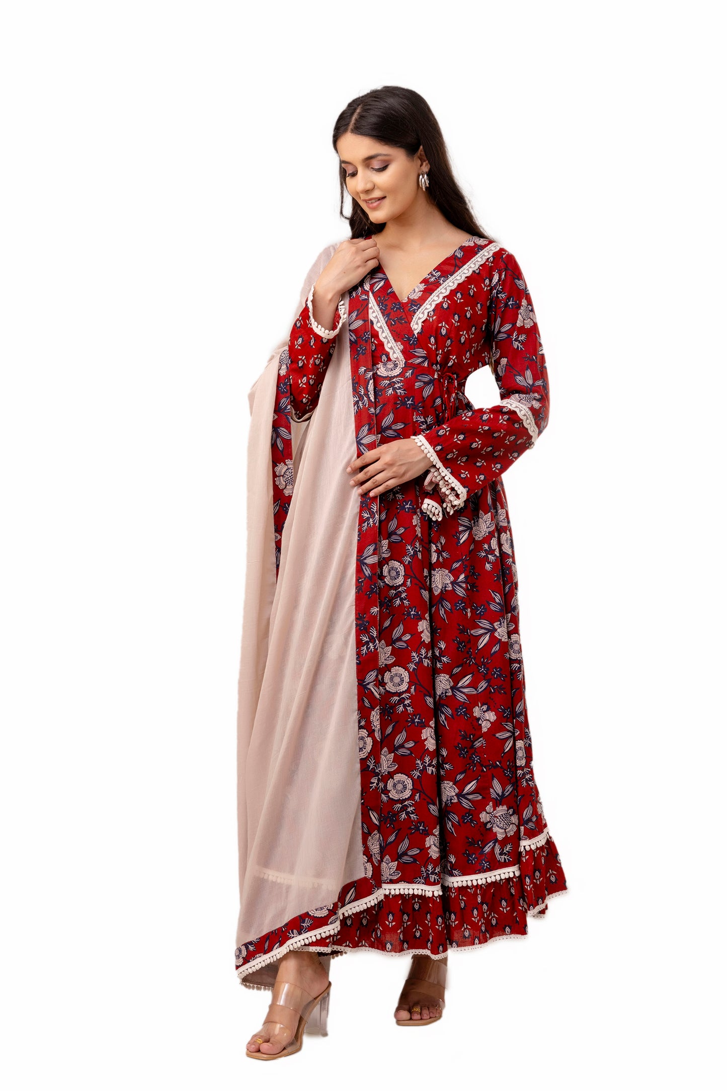 Brick Red Cotton Anarkali Suit Set With Mulmul Dupatta