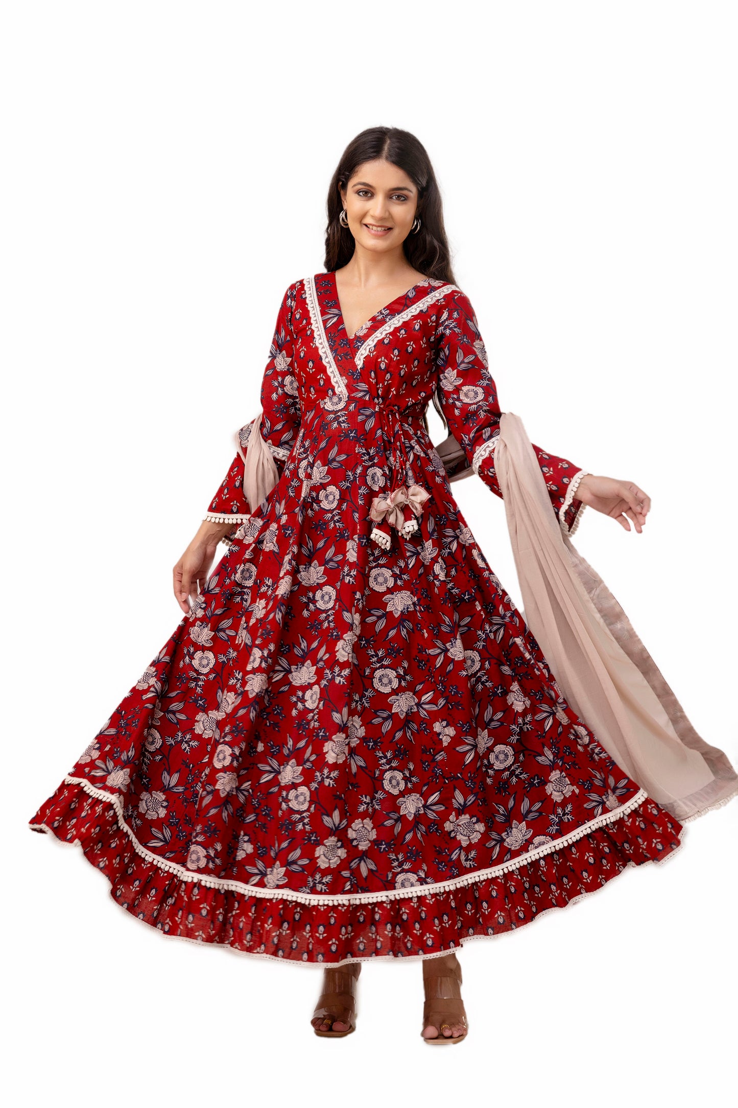 Brick Red Cotton Anarkali Suit Set With Mulmul Dupatta