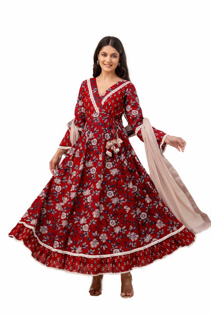 Brick Red Cotton Anarkali Suit Set With Mulmul Dupatta