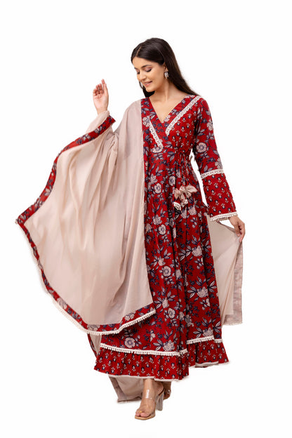 Brick Red Cotton Anarkali Suit Set With Mulmul Dupatta