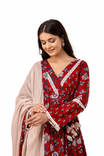 Brick Red Cotton Anarkali Suit Set With Mulmul Dupatta