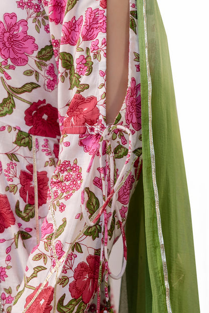 Pretty Pink Floral Print Cotton Kurta Set With Dupatta