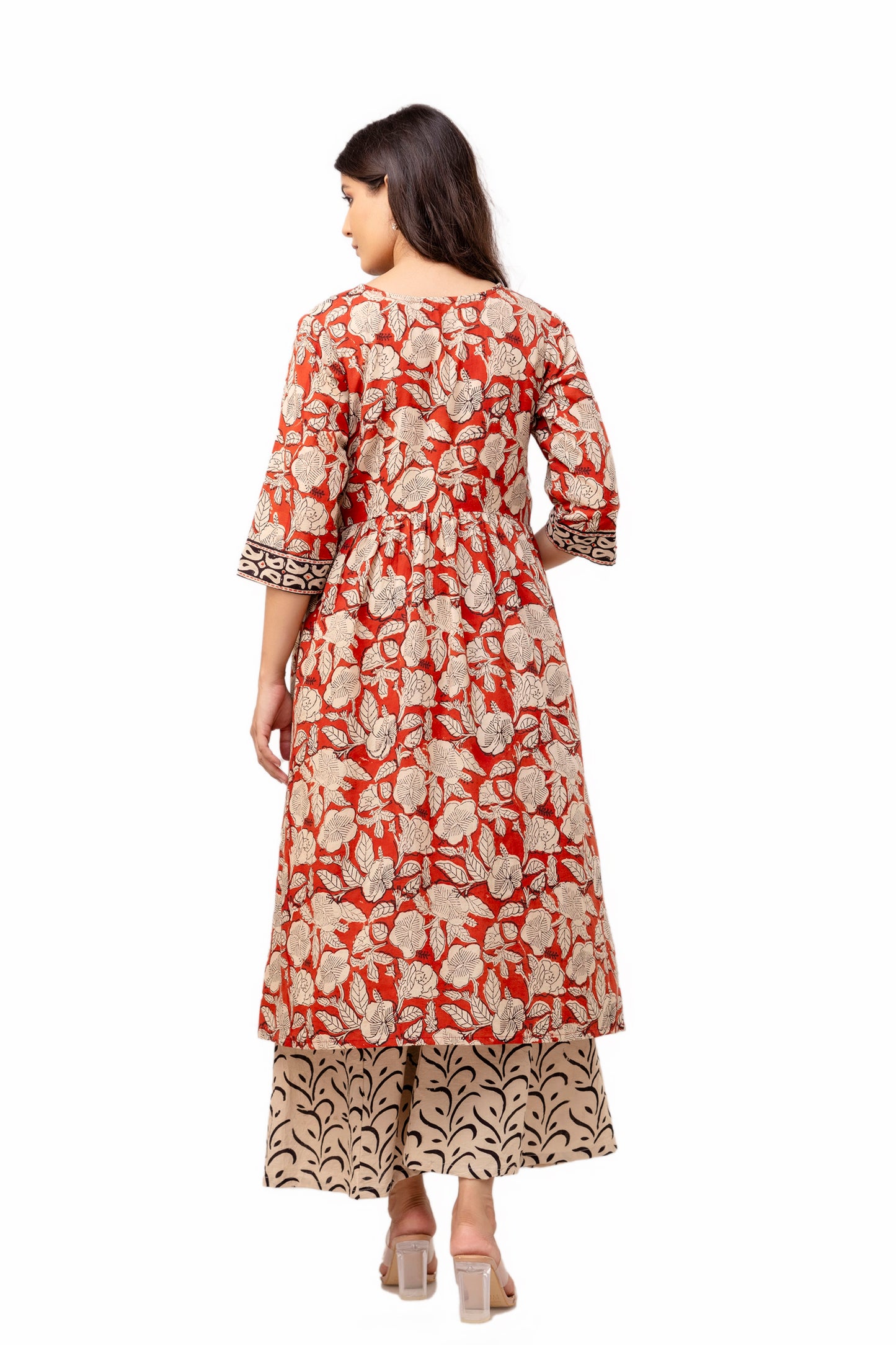 Scarlet Red Block Print Cotton Kurta Set With Mulmul Dupatta