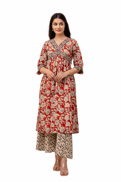 Scarlet Red Block Print Cotton Kurta Set With Mulmul Dupatta