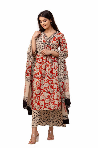 Scarlet Red Block Print Cotton Kurta Set With Mulmul Dupatta