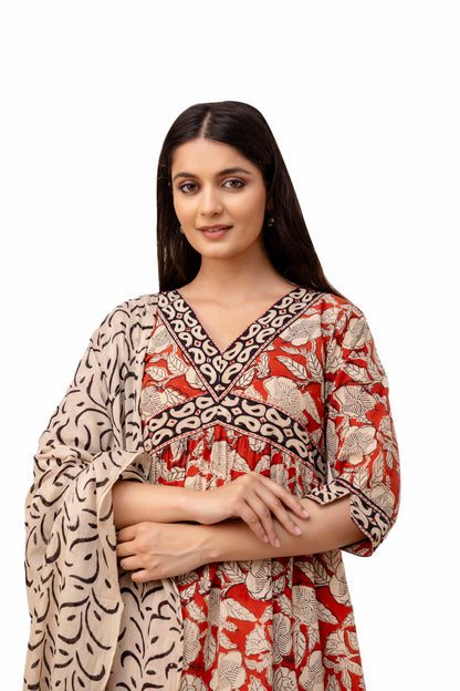 Scarlet Red Block Print Cotton Kurta Set With Mulmul Dupatta