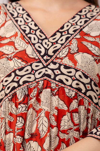 Scarlet Red Block Print Cotton Kurta Set With Mulmul Dupatta