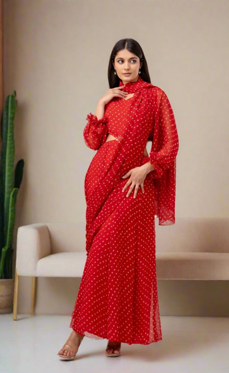 Cherry Red Bandhani Detachable Gown Saree