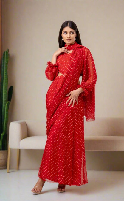 Cherry Red Bandhani Detachable Gown Saree