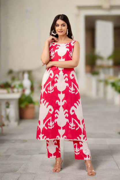Hot Pink Cotton Laced Kurta Set