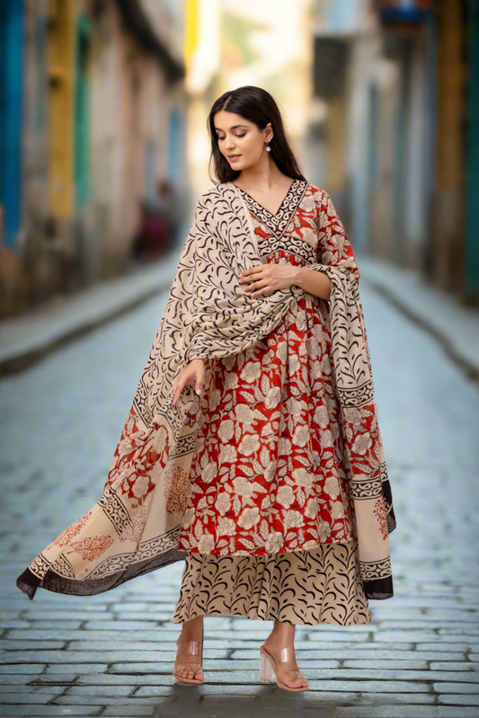 Scarlet Red Block Print Cotton Kurta Set With Mulmul Dupatta