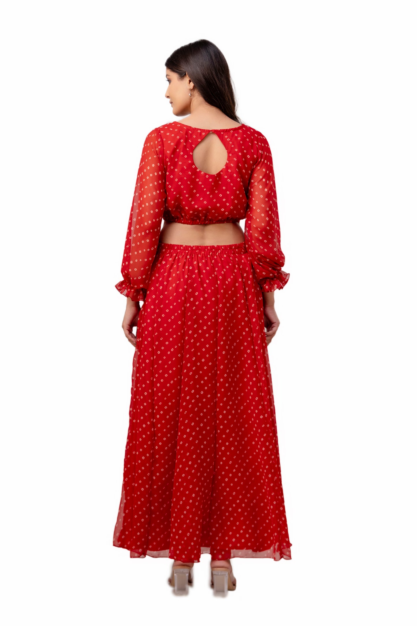 Cherry Red Bandhani Detachable Gown Saree
