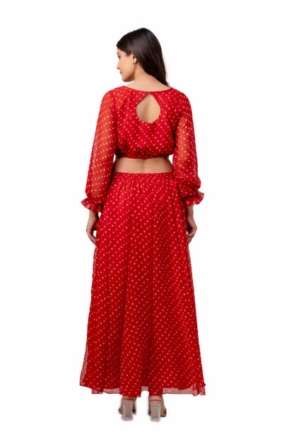 Cherry Red Bandhani Detachable Gown Saree