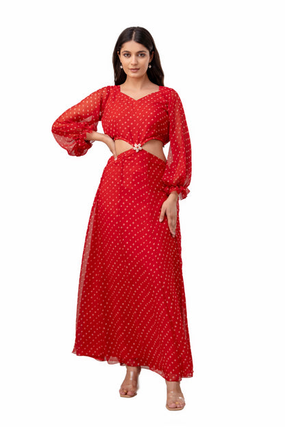 Cherry Red Bandhani Detachable Gown Saree