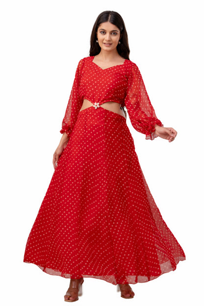 Cherry Red Bandhani Detachable Gown Saree