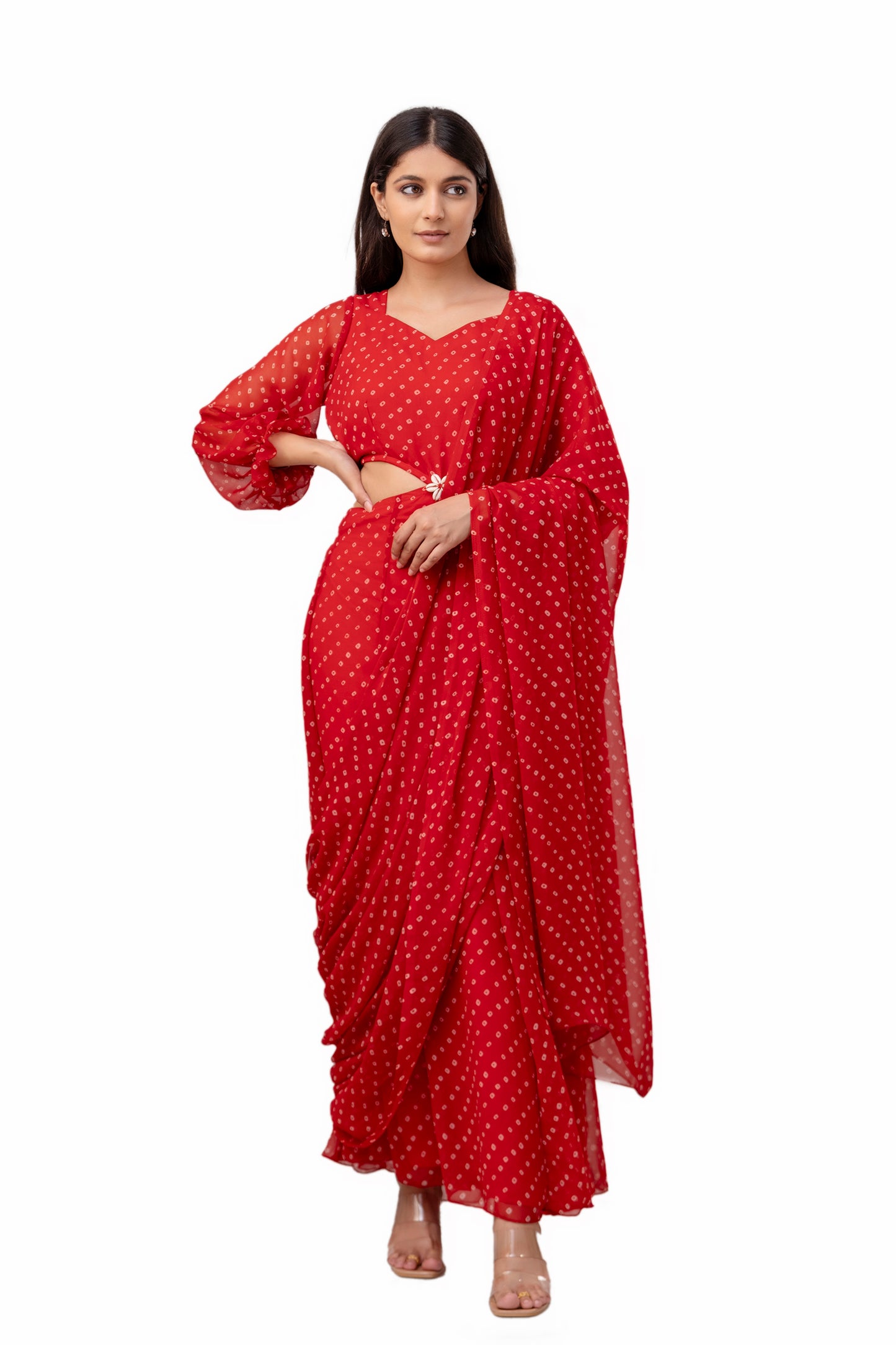 Cherry Red Bandhani Detachable Gown Saree