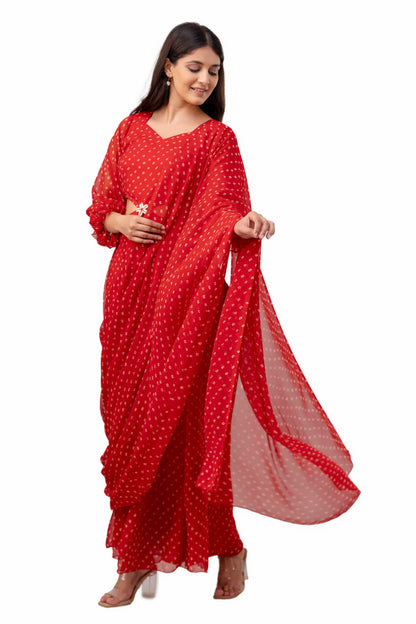 Cherry Red Bandhani Detachable Gown Saree