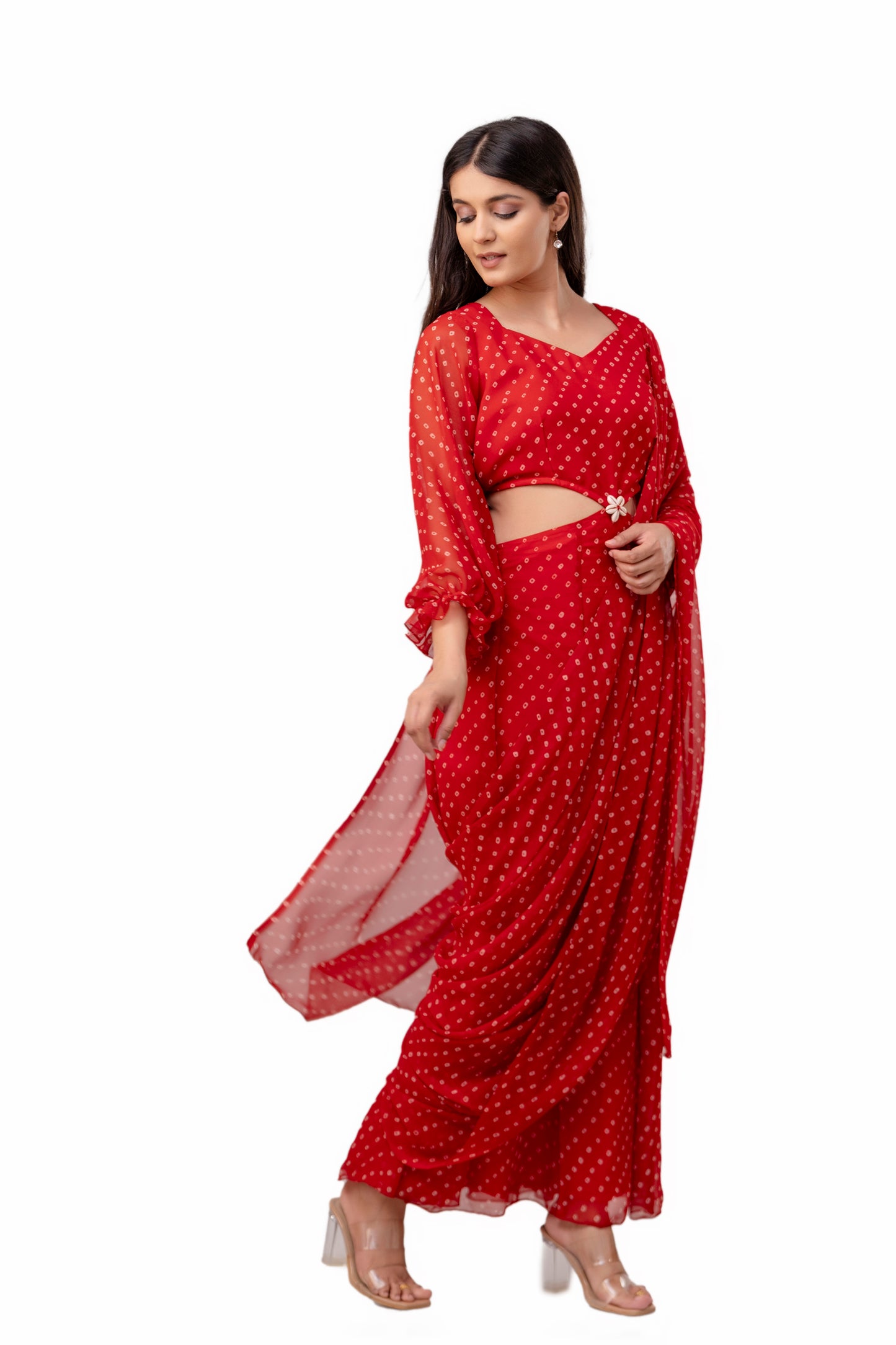 Cherry Red Bandhani Detachable Gown Saree