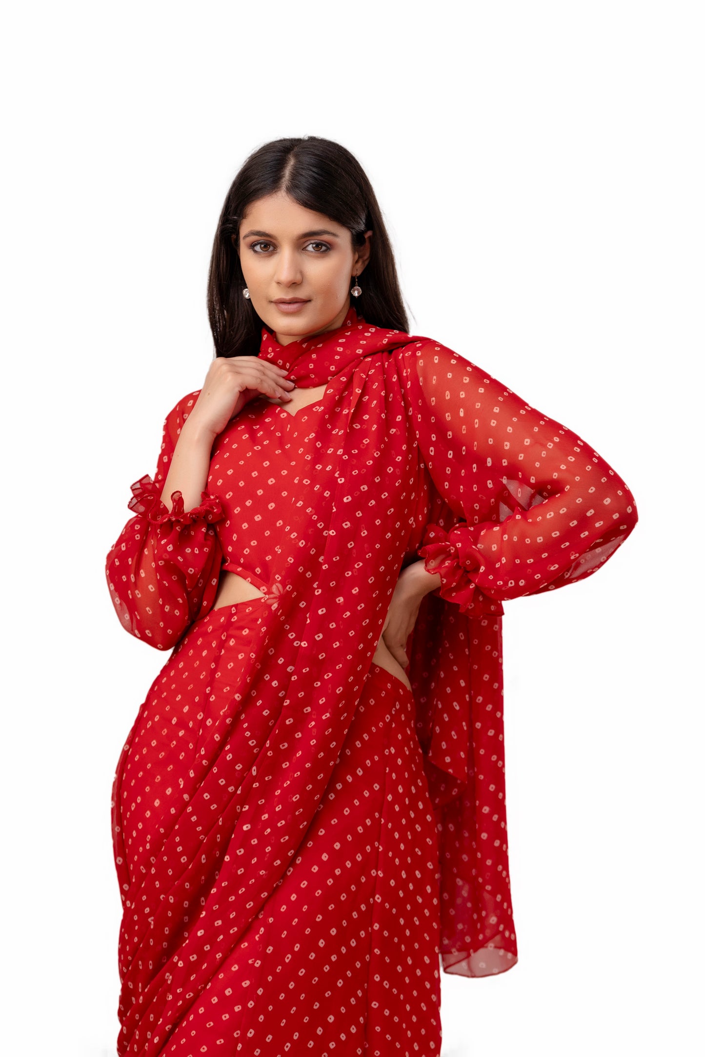 Cherry Red Bandhani Detachable Gown Saree