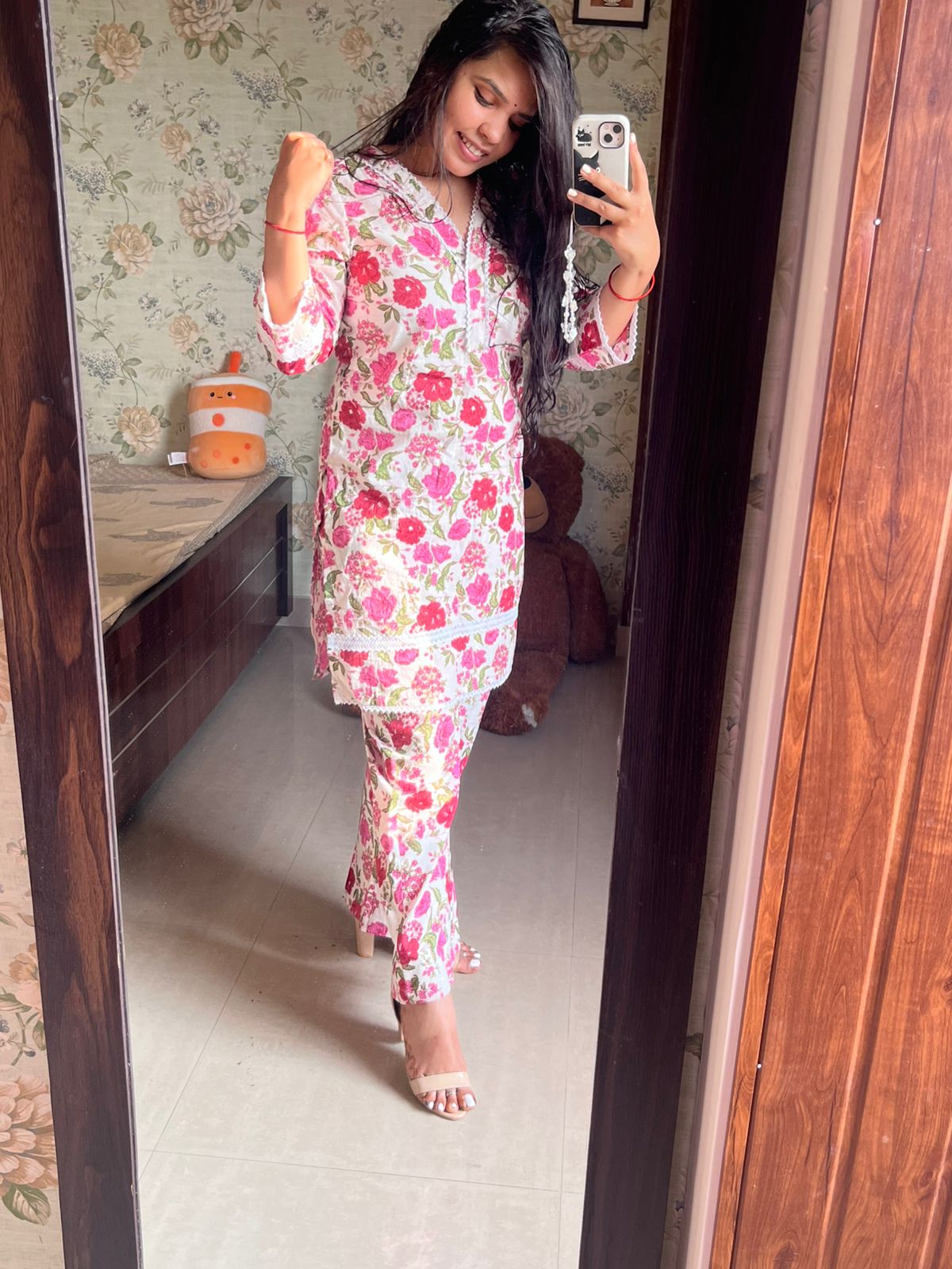 White Pink Floral Cotton Coord Set