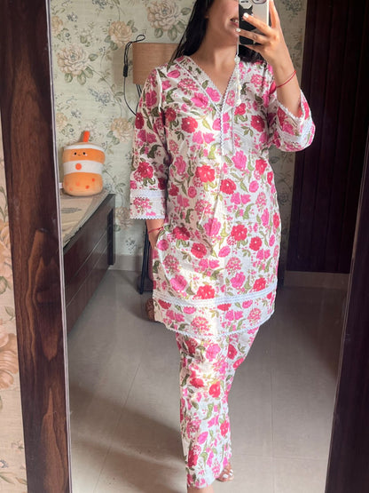 White Pink Floral Cotton Coord Set