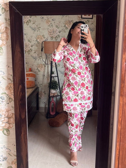 White Pink Floral Cotton Coord Set